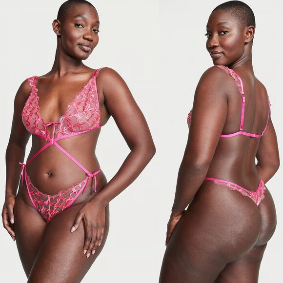 New! Victoria’s Secret Shimmer Heart Embroidery Crotchless Teddy 4224 - Picture 2 of 9